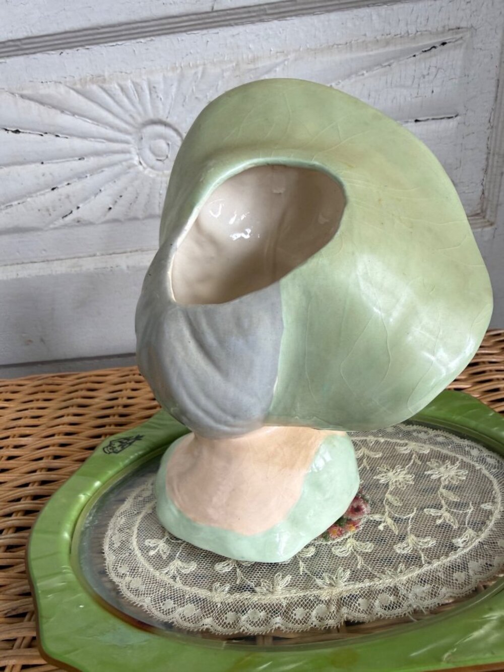 Vintage 1950s Glamour Girl Vase Head Planter Green Hat Retro MOD - Picture 7 of 13